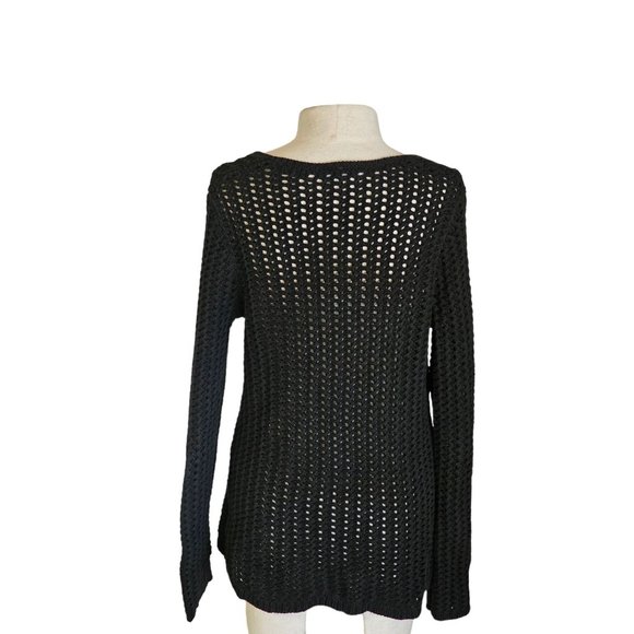 Loft Knit pullover size Medium chunky open knit sweater black tunic length - Picture 2 of 9